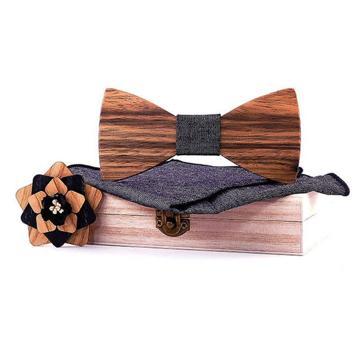 3Pcs Men's Lapel Flower Pin Walnut Wooden Bow Tie Set