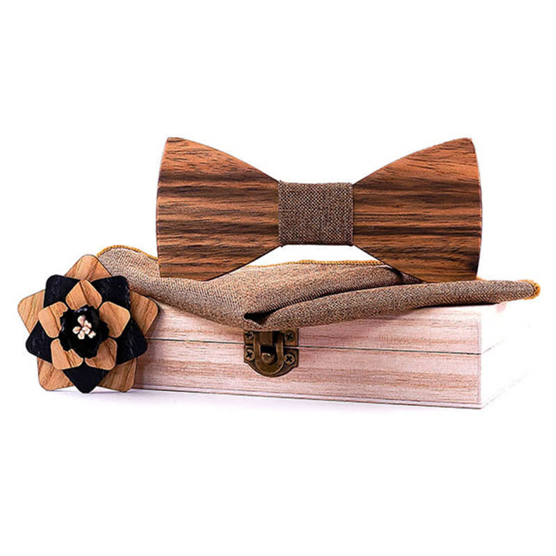 3Pcs Men's Lapel Flower Pin Walnut Wooden Bow Tie Set