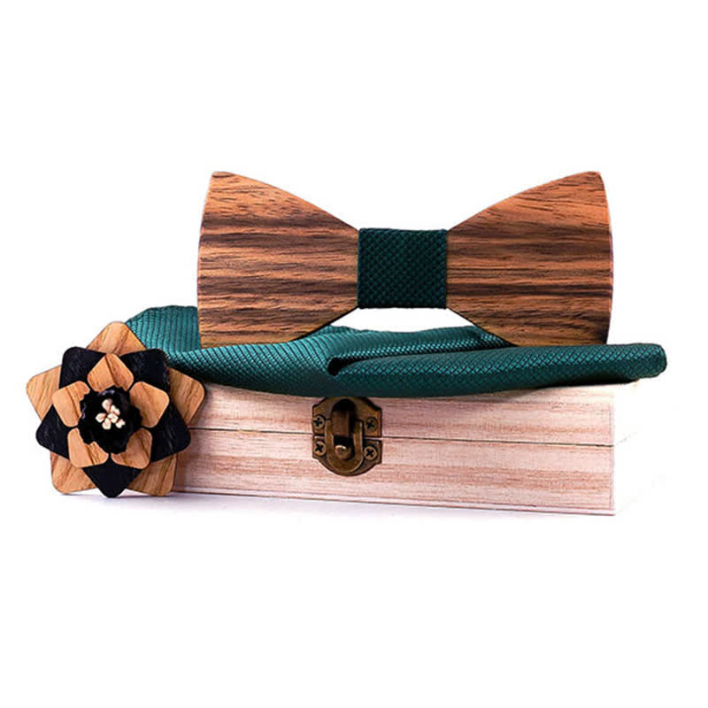 3Pcs Men's Lapel Flower Pin Walnut Wooden Bow Tie Set