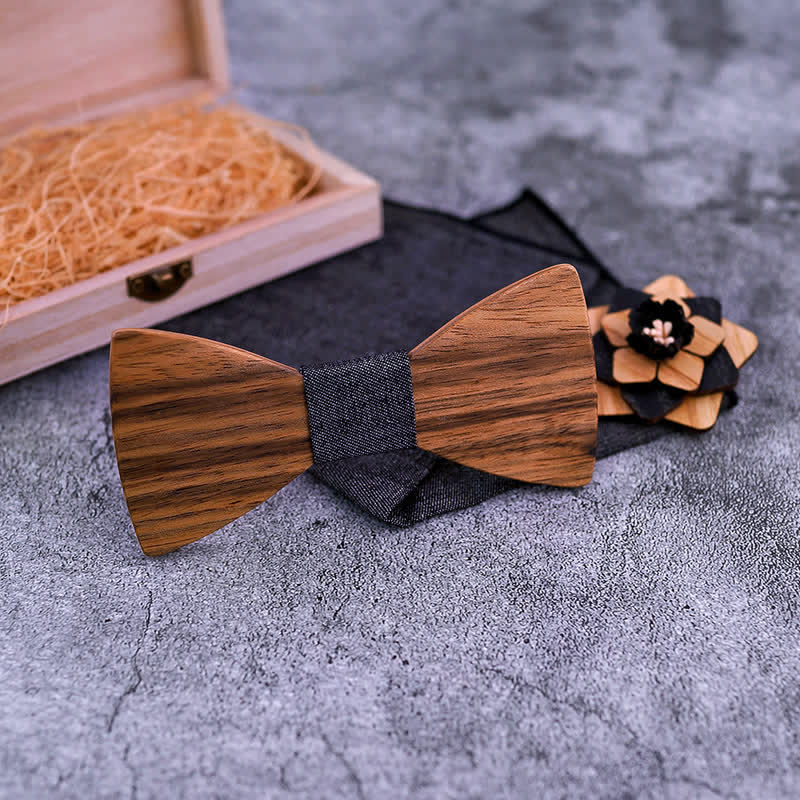 3Pcs Men's Lapel Flower Pin Walnut Wooden Bow Tie Set