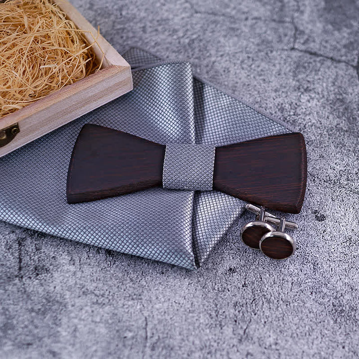 3Pcs Men's Classic Retro Black Wooden Bow Tie Set