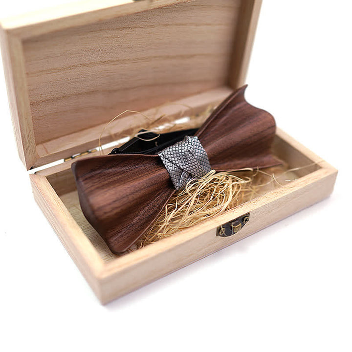 2Pcs Men's 3D Design Black Walnut Wooden Bow Tie Set