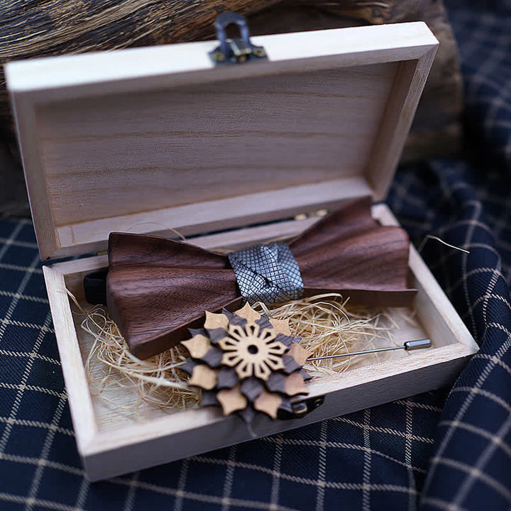 2Pcs Men's 3D Design Black Walnut Wooden Bow Tie Set