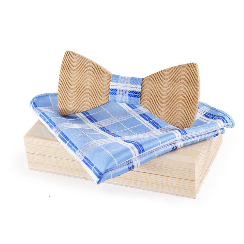 2Pcs Men's Dazzling Wave Plaid Wooden Bow Tie Set