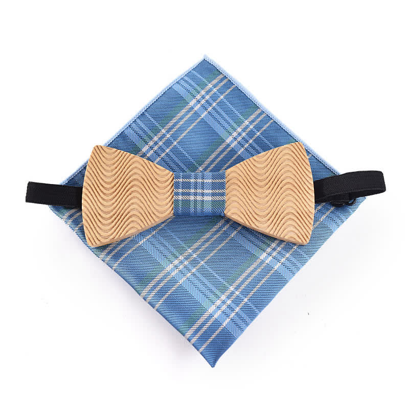 2Pcs Men's Dazzling Wave Plaid Wooden Bow Tie Set