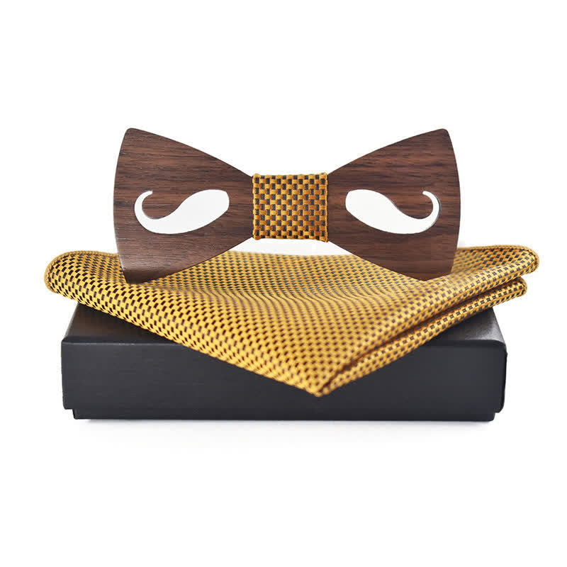 2Pcs Men's Hollow Moustach Carved Wooden Bow Tie Set