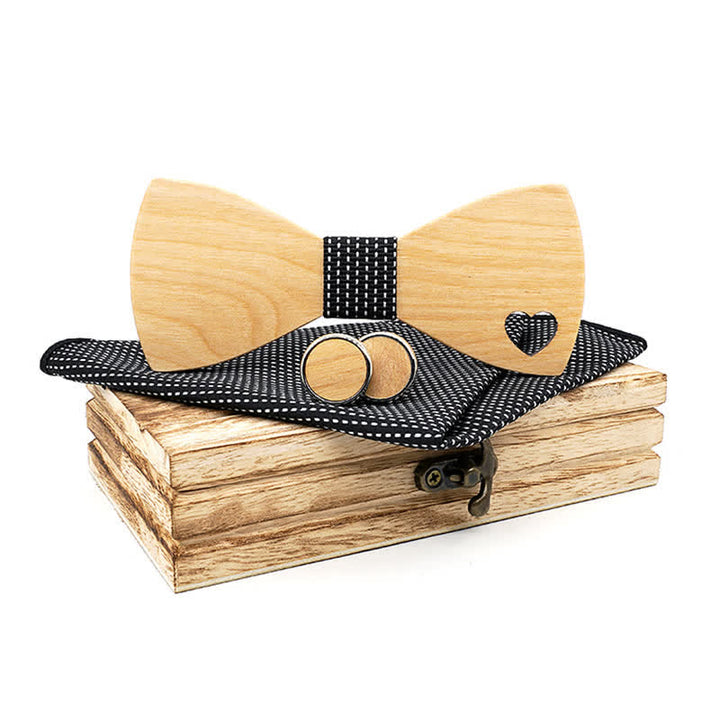 3Pcs Men's Hollow Heart Shape Wooden Bow Tie Set