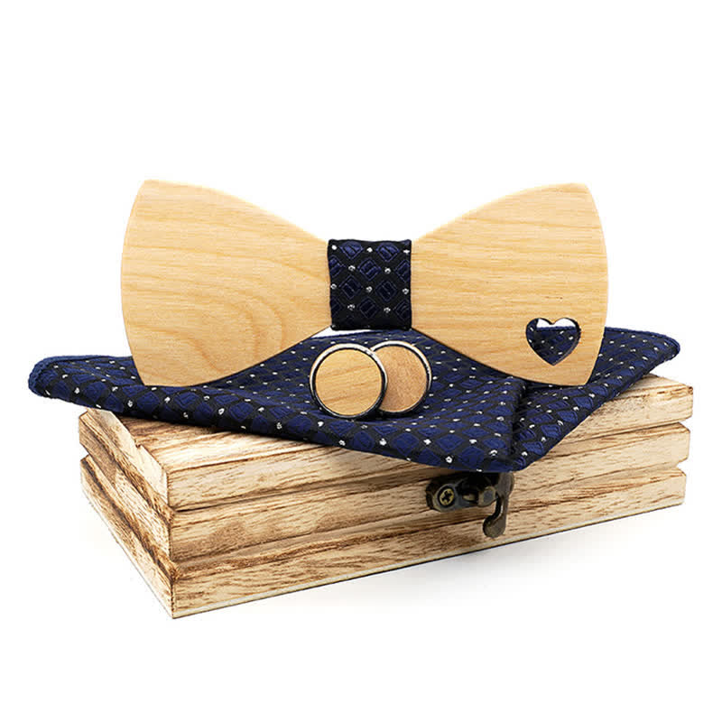 3Pcs Men's Hollow Heart Shape Wooden Bow Tie Set