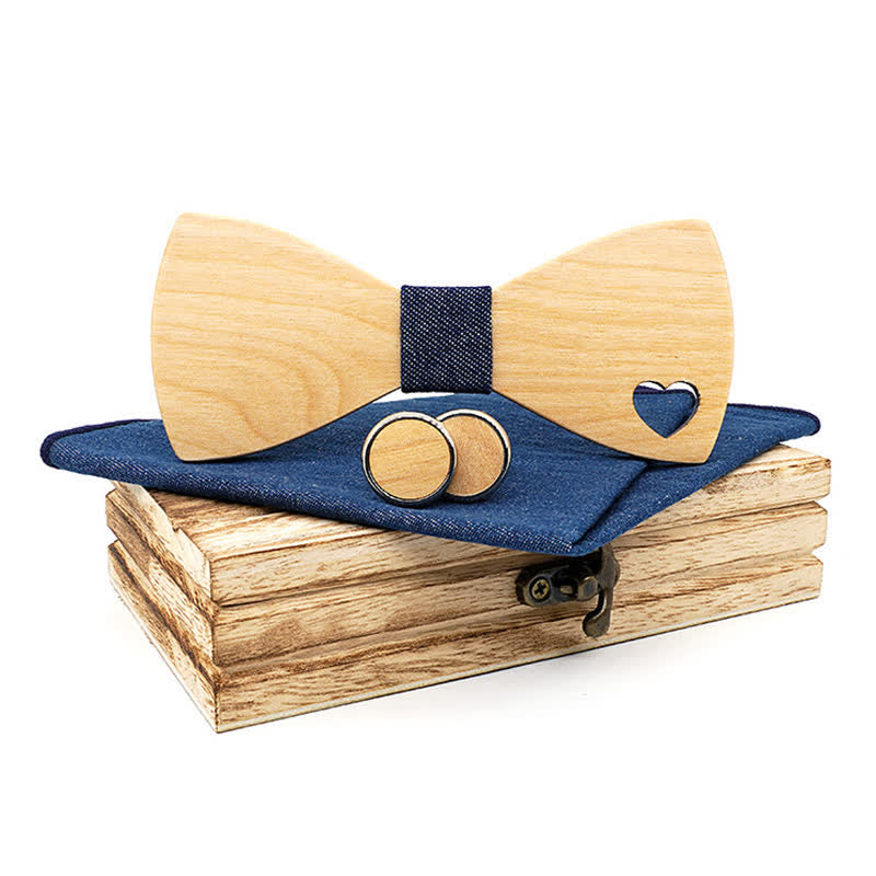 3Pcs Men's Hollow Heart Shape Wooden Bow Tie Set