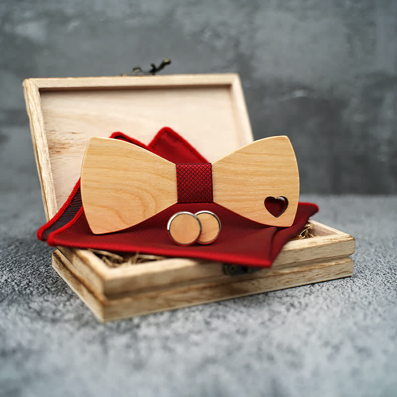 3Pcs Men's Hollow Heart Shape Wooden Bow Tie Set