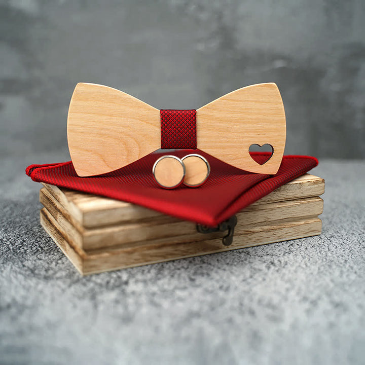 3Pcs Men's Hollow Heart Shape Wooden Bow Tie Set