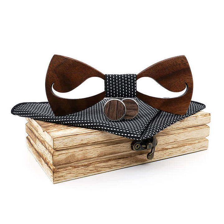 3Pcs Men's Funny Hollow Moustach Wooden Bow Tie Set - Black - image 9