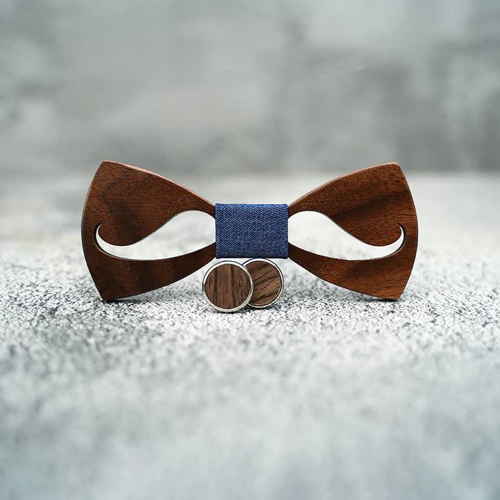 3Pcs Men's Funny Hollow Moustach Wooden Bow Tie Set