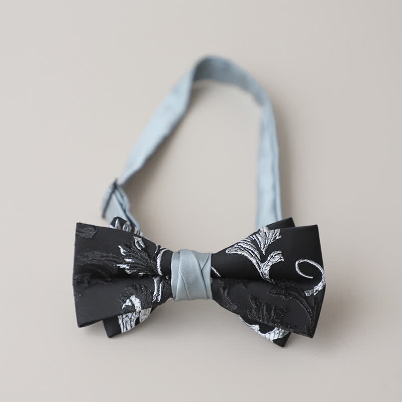 Men's Black & White Floral Embroidery Bow Tie