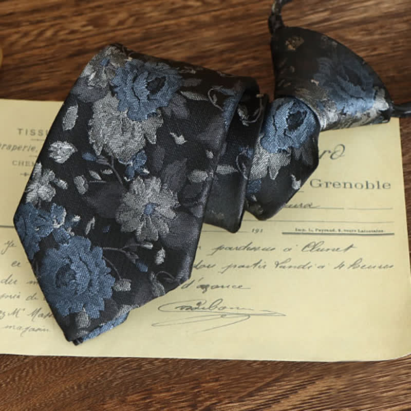 Men's Vintage Art Floral Pattern Necktie - Blue & Gray - Zipper - image 3