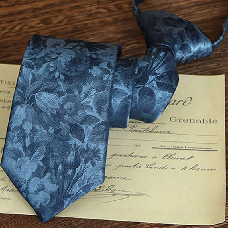 Men's Vintage Art Floral Pattern Necktie - Blue - Zipper - image 15