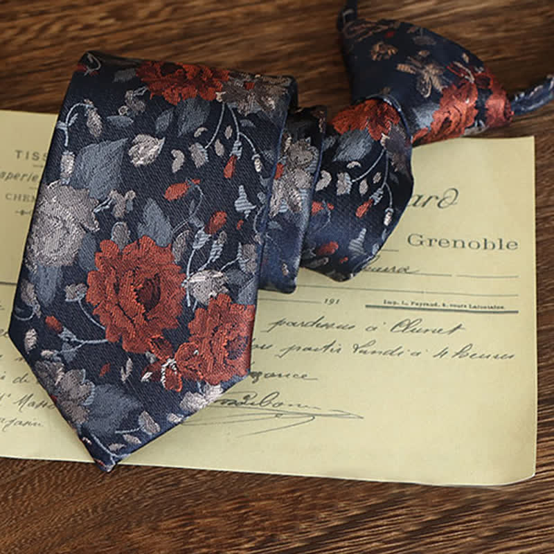 Men's Vintage Art Floral Pattern Necktie - Orange & Navy - Zipper - image 12