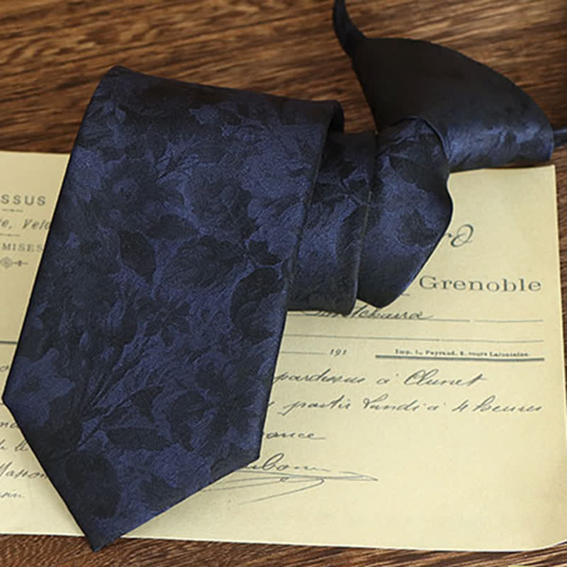 Men's Vintage Art Floral Pattern Necktie - Black & Navy - Zipper - image 9