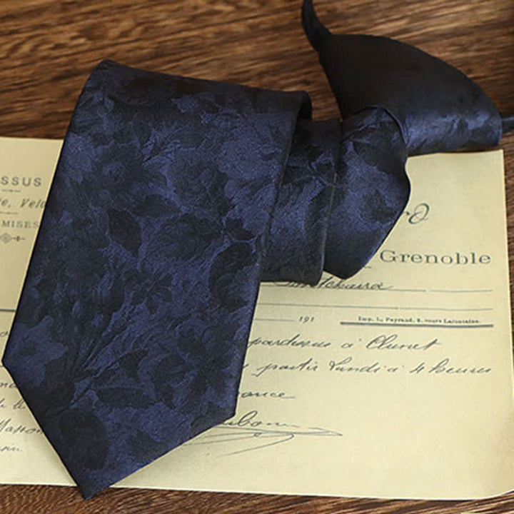 Men's Vintage Art Floral Pattern Necktie - Black & Navy - Zipper - image 9