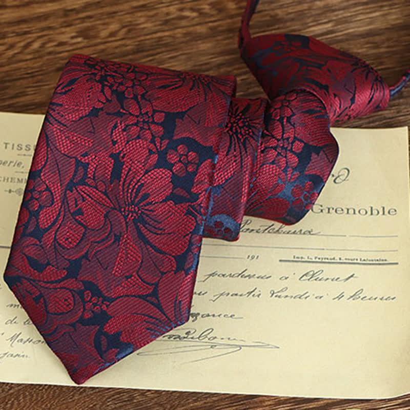 Men's Vintage Art Floral Pattern Necktie - Red - Zipper - image 18