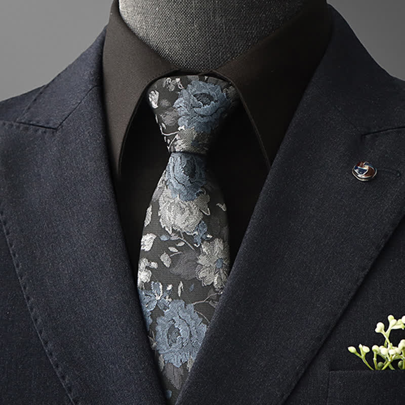 Men's Vintage Art Floral Pattern Necktie - Blue & Gray - Self Tie - image 1