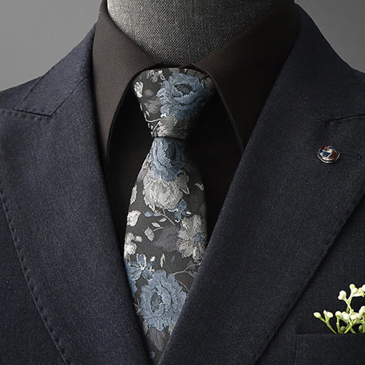 Men's Vintage Art Floral Pattern Necktie - Blue & Gray - Self Tie - image 1