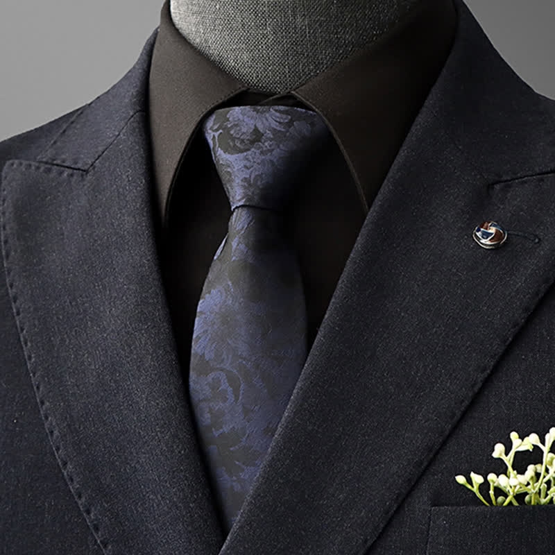Men's Vintage Art Floral Pattern Necktie - Black & Navy - Self Tie - image 7