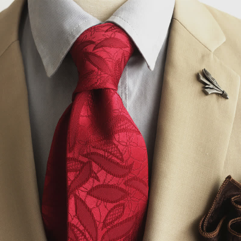 Men's Casual Floral Jacquard Leaves Pattern Necktie - Red - image 14