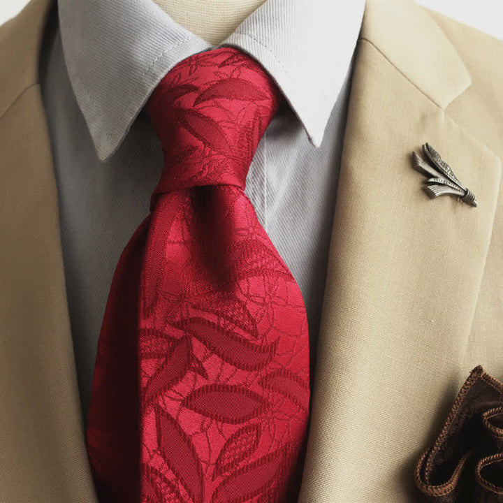 Men's Casual Floral Jacquard Leaves Pattern Necktie - Red - image 14
