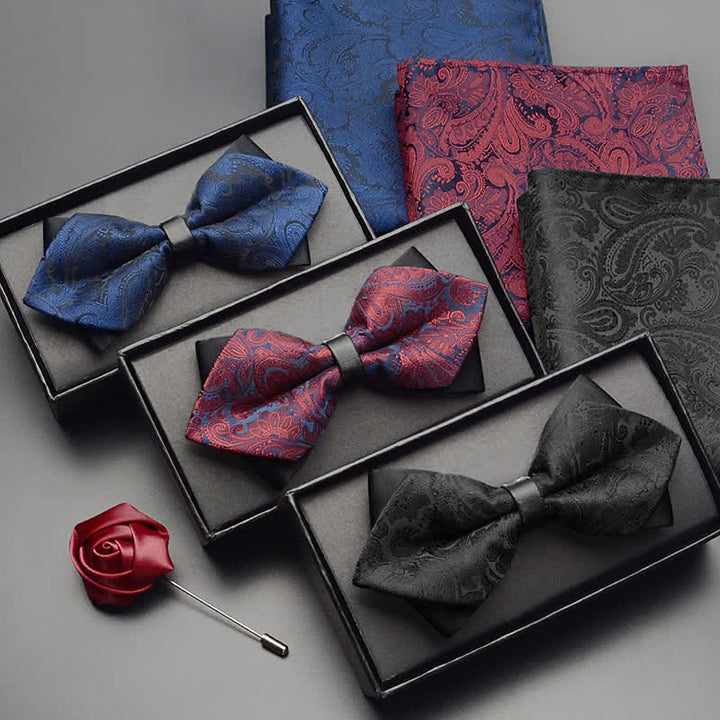 3Pcs Men's Exotic Paisley Double Pointed Bow Tie Set