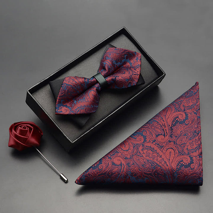 3Pcs Men's Exotic Paisley Double Pointed Bow Tie Set