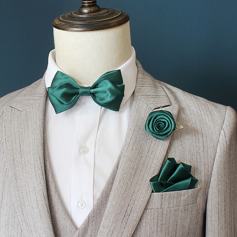 3Pcs Men's Wedding Grooms Rose Corsage Bow Tie Set