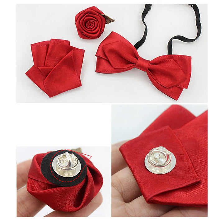 3Pcs Men's Wedding Grooms Rose Corsage Bow Tie Set