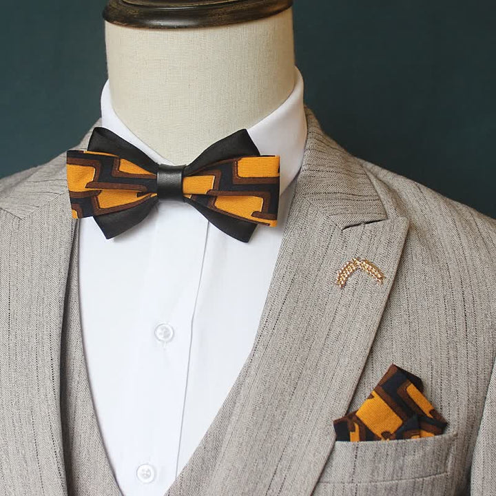 3Pcs Men's Unique Printed Double Layered Bow Tie Set