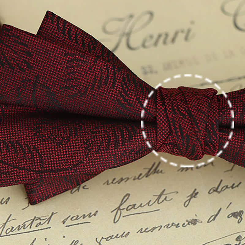 2Pcs Men's Burgundy Floral Bow Tie Handkerchief Set