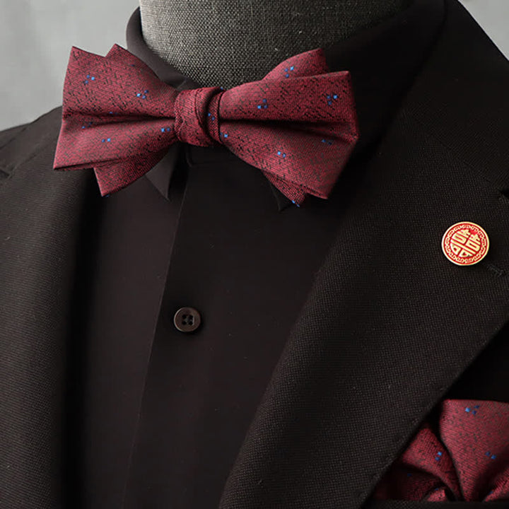 2Pcs Men's Burgundy Floral Bow Tie Handkerchief Set