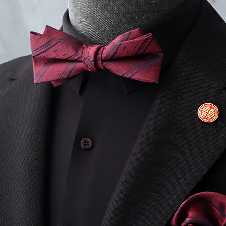 2Pcs Men's Burgundy Floral Bow Tie Handkerchief Set