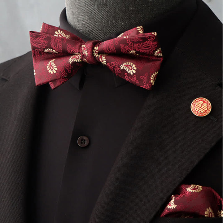 2Pcs Men's Burgundy Floral Bow Tie Handkerchief Set