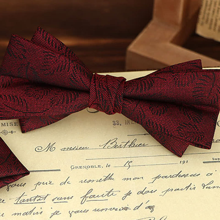 2Pcs Men's Burgundy Floral Bow Tie Handkerchief Set