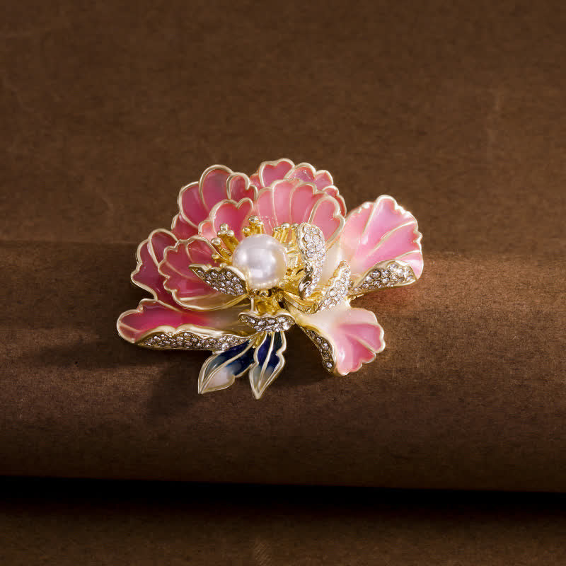 Women's Enamel Peony Flowers Pearl Inlaid Brooch