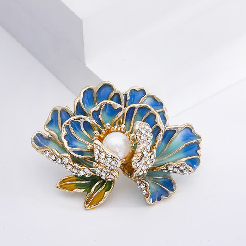 Women's Enamel Peony Flowers Pearl Inlaid Brooch