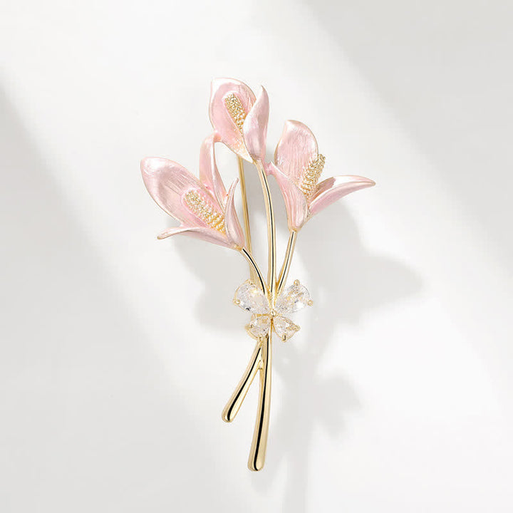 Women's Pink Lily Flower Zircon Enamel Brooch