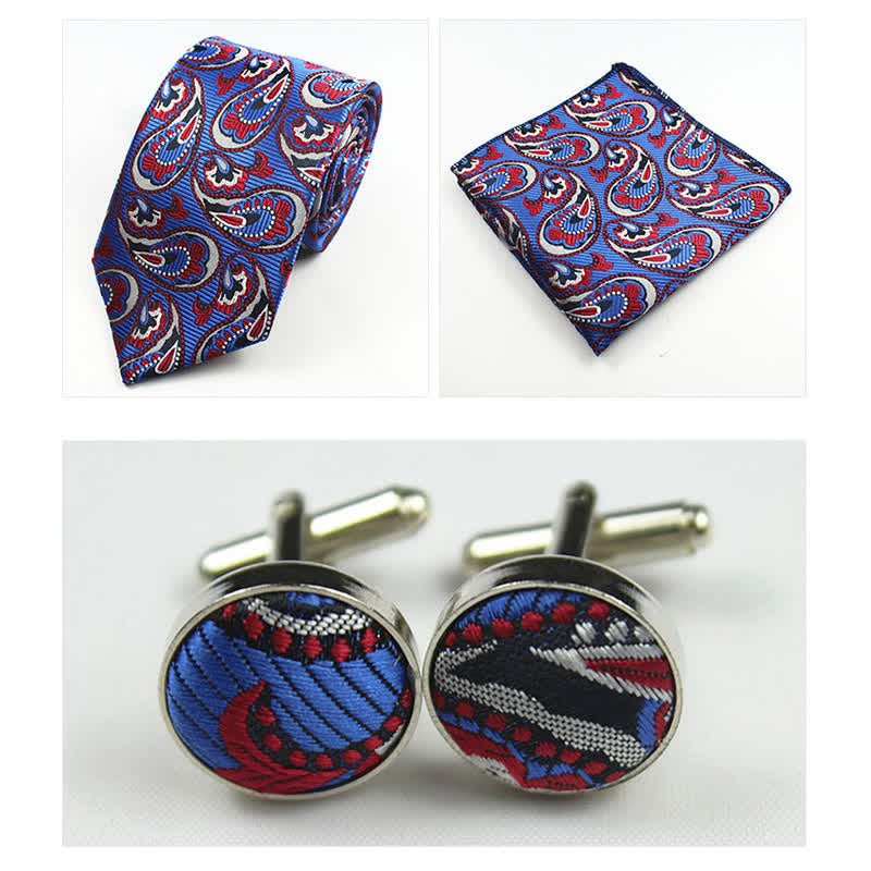 3Pcs Men's Royal Blue & Red Paisley Necktie Set