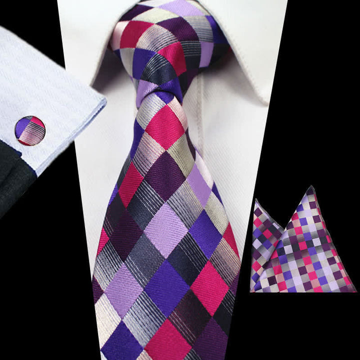 3Pcs Men's Purple Gray Checkerboard Necktie Set