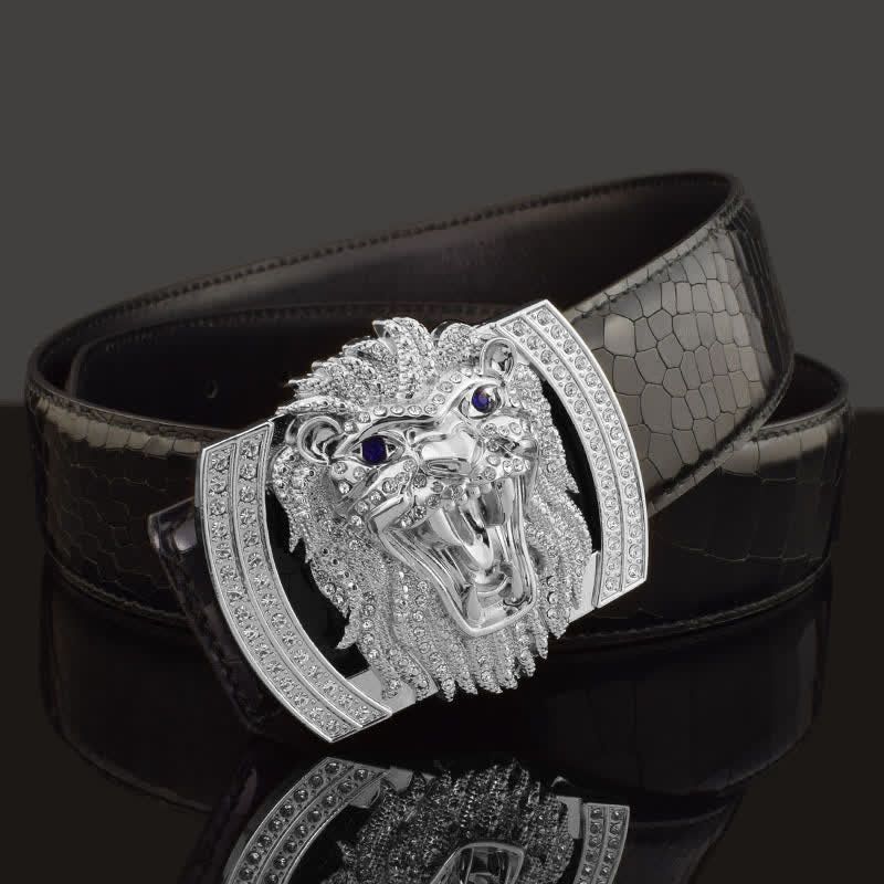 Men's Punk Lion Head Rhinestone Buckle Leather Belt