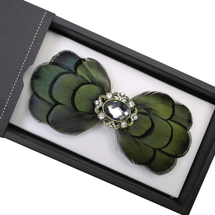 Dark Green Stunning Crystal Feather Bow Tie