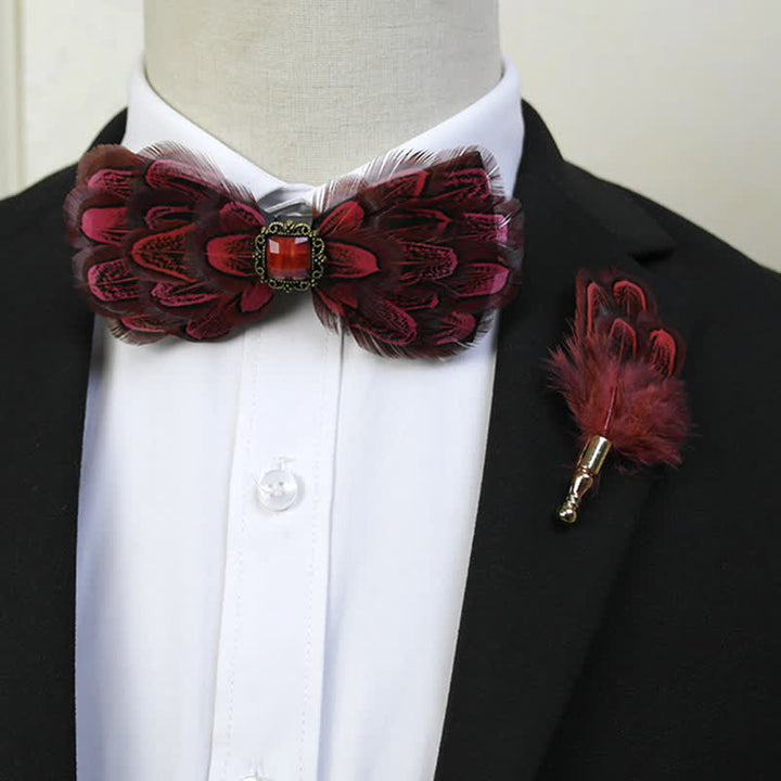 Rich Red Medallion Decor Feather Bow Tie