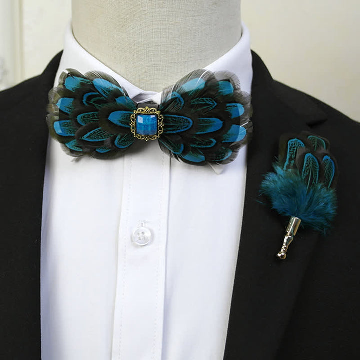 Teal Turquoise Medallion Feather Bow Tie