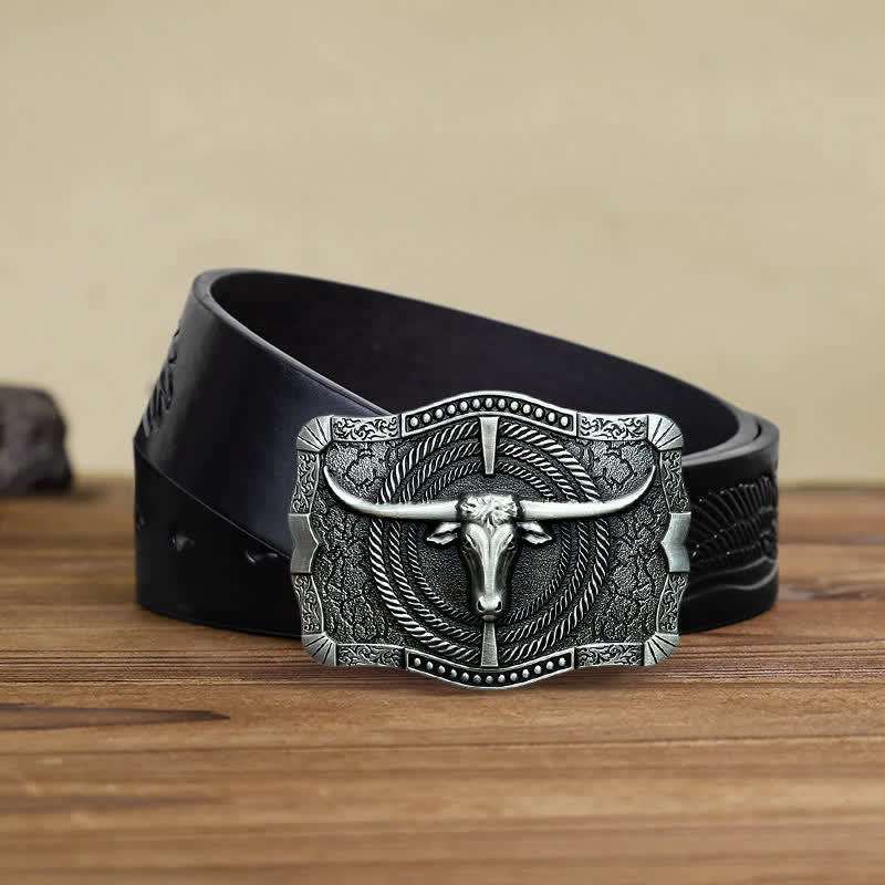 Men's DIY Western Bull Head Buckle Leather Belt