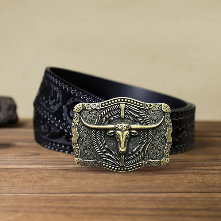 Men's DIY Western Bull Head Buckle Leather Belt